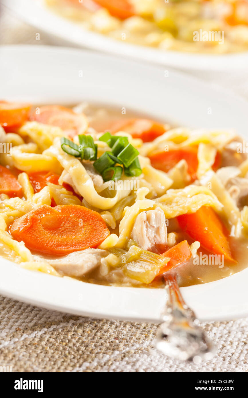 Homemade Organic Chicken Noodle Soup with celery and carrots Stock Photo