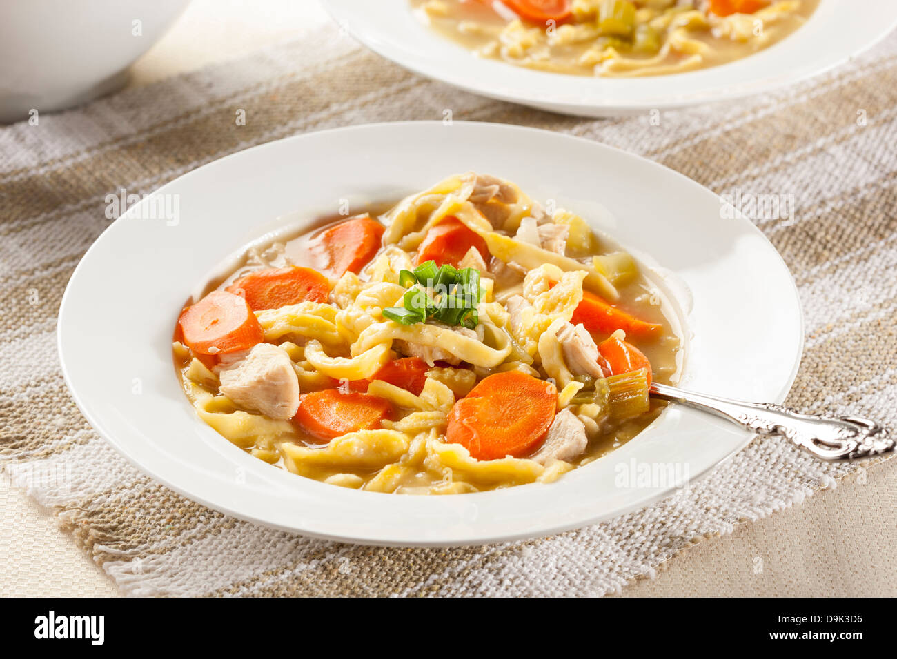 Homemade Organic Chicken Noodle Soup with celery and carrots Stock Photo