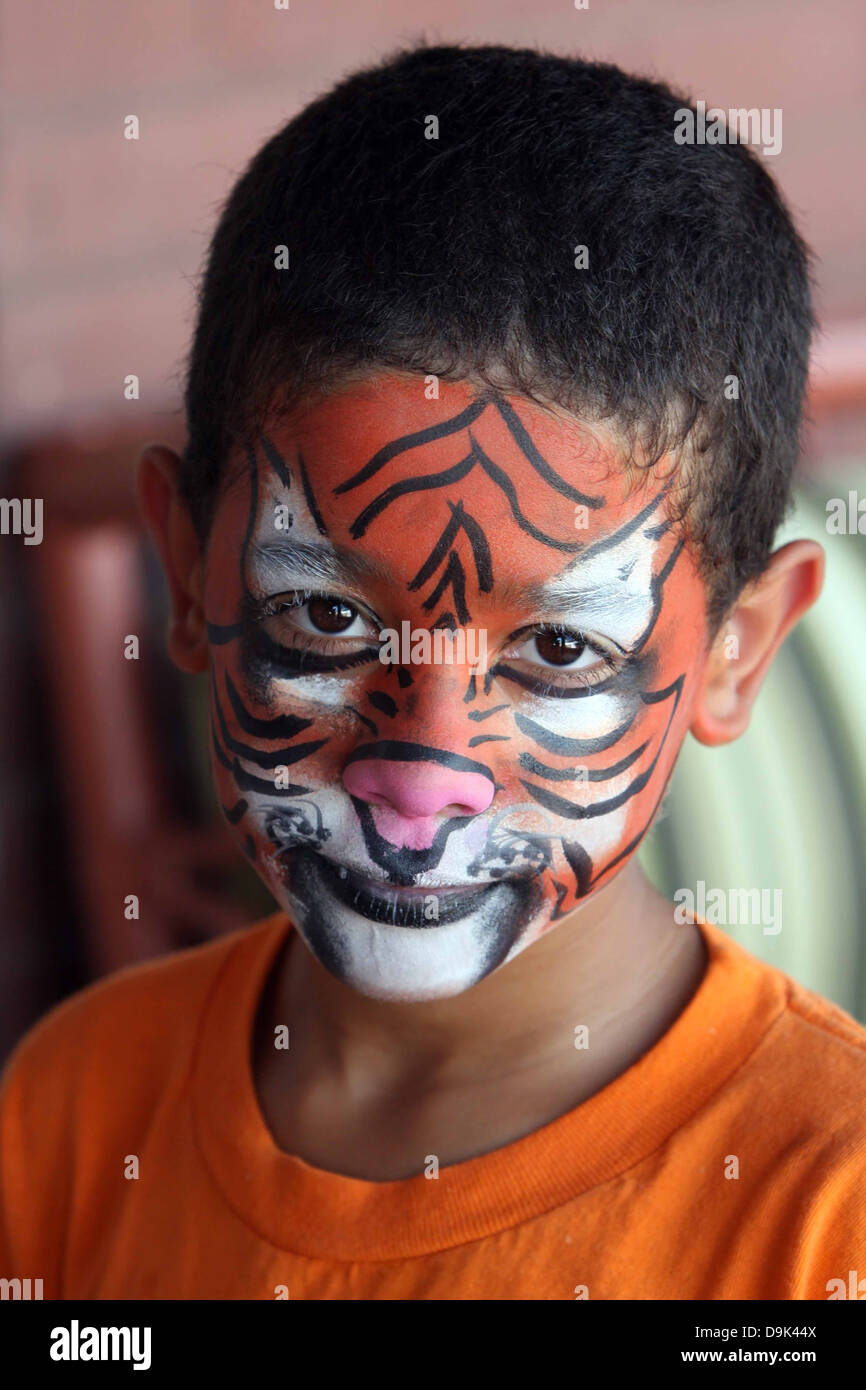 young boy male youth kid with face paint painted tiger animal lion Stock Photo