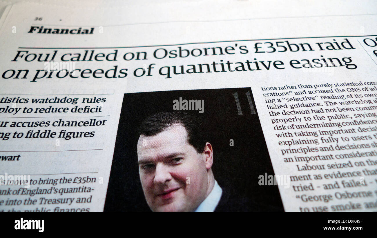 'Foul called on Osborne's £35bn raid on proceeds of quantiative easing' newspaper headline in Financial Guardian 13 June 2013 UK Stock Photo