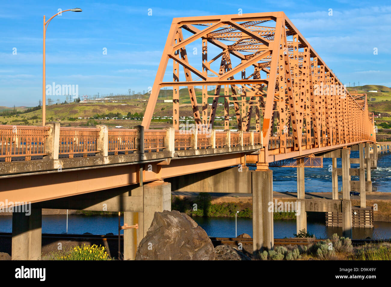 Bridge crossings at the Dalles Oregon state. Stock Photo