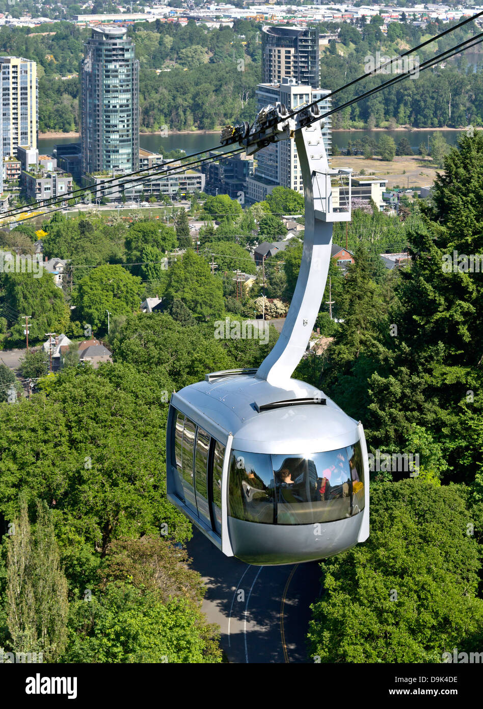 An aerial tram transporting people to and from the hilltop in Portland Oregon. Stock Photo