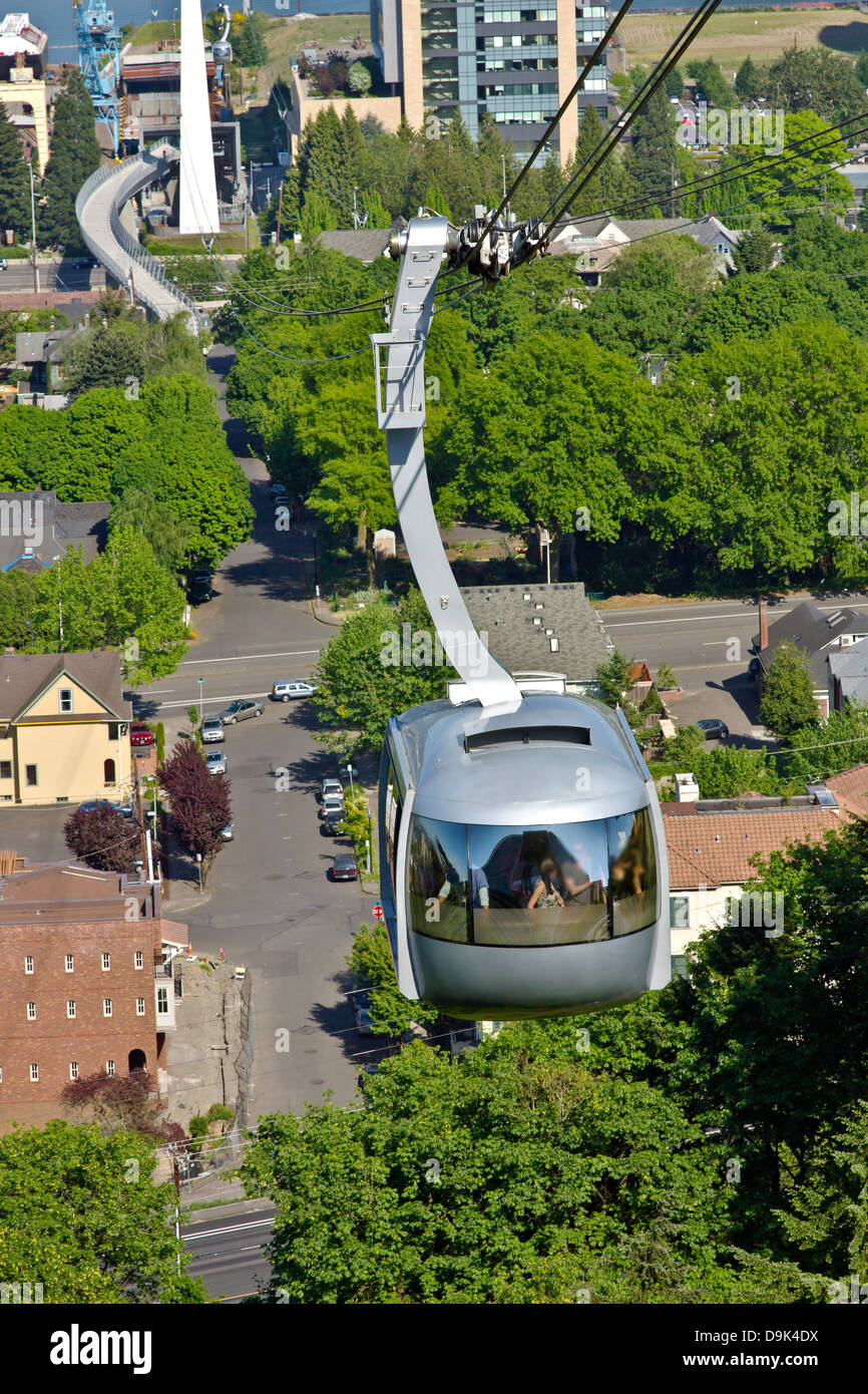 An aerial tram transporting people to and from the hilltop in Portland Oregon. Stock Photo