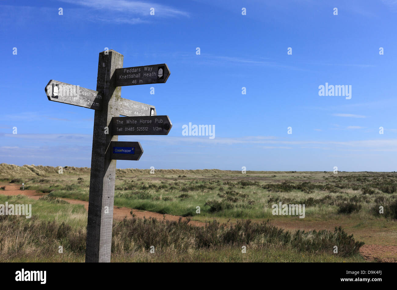 Sign for the Norfolk coastal path footpath. Stock Photo