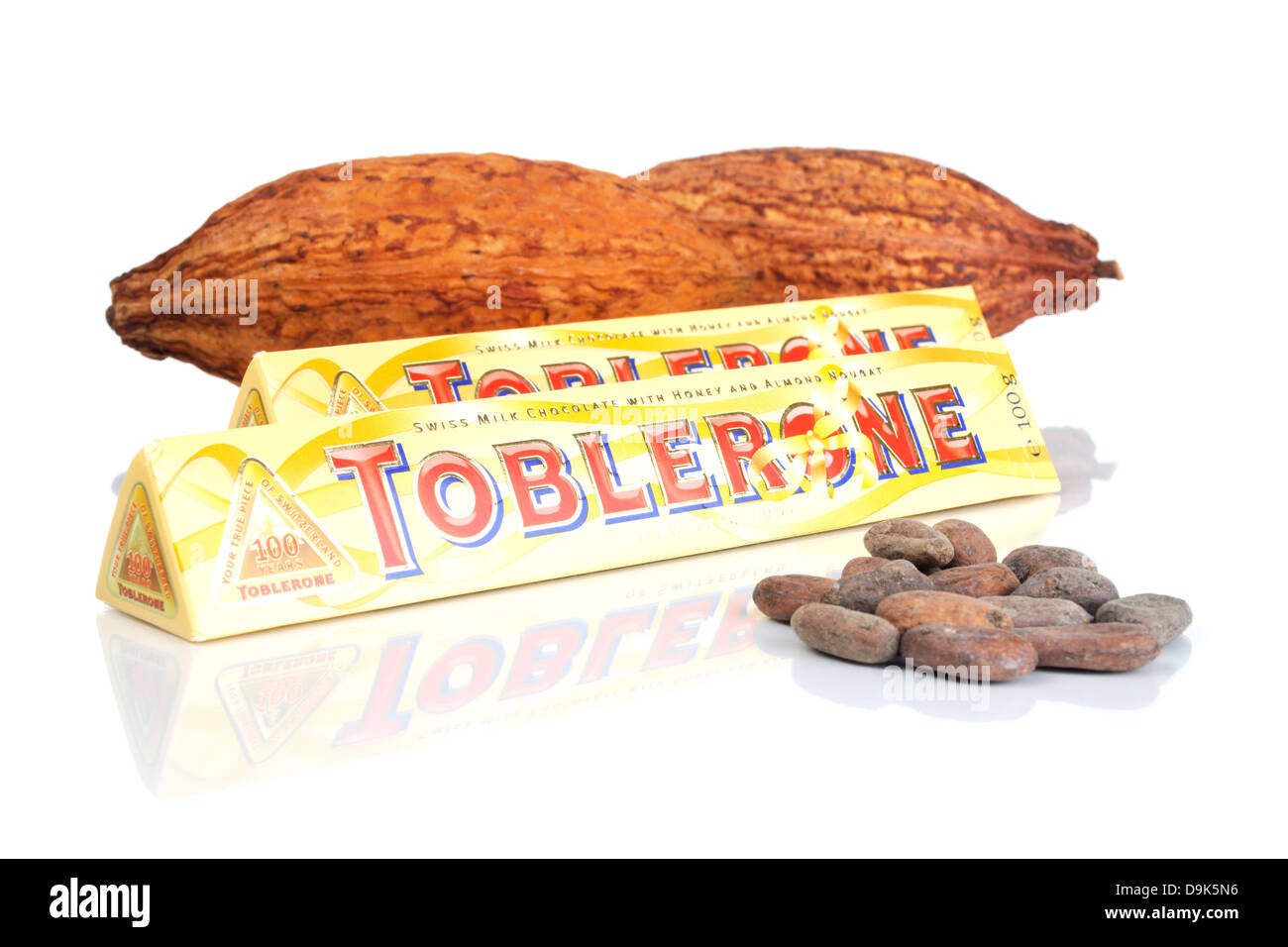 Toblerone with cocoa fruit and cacao beans Stock Photo