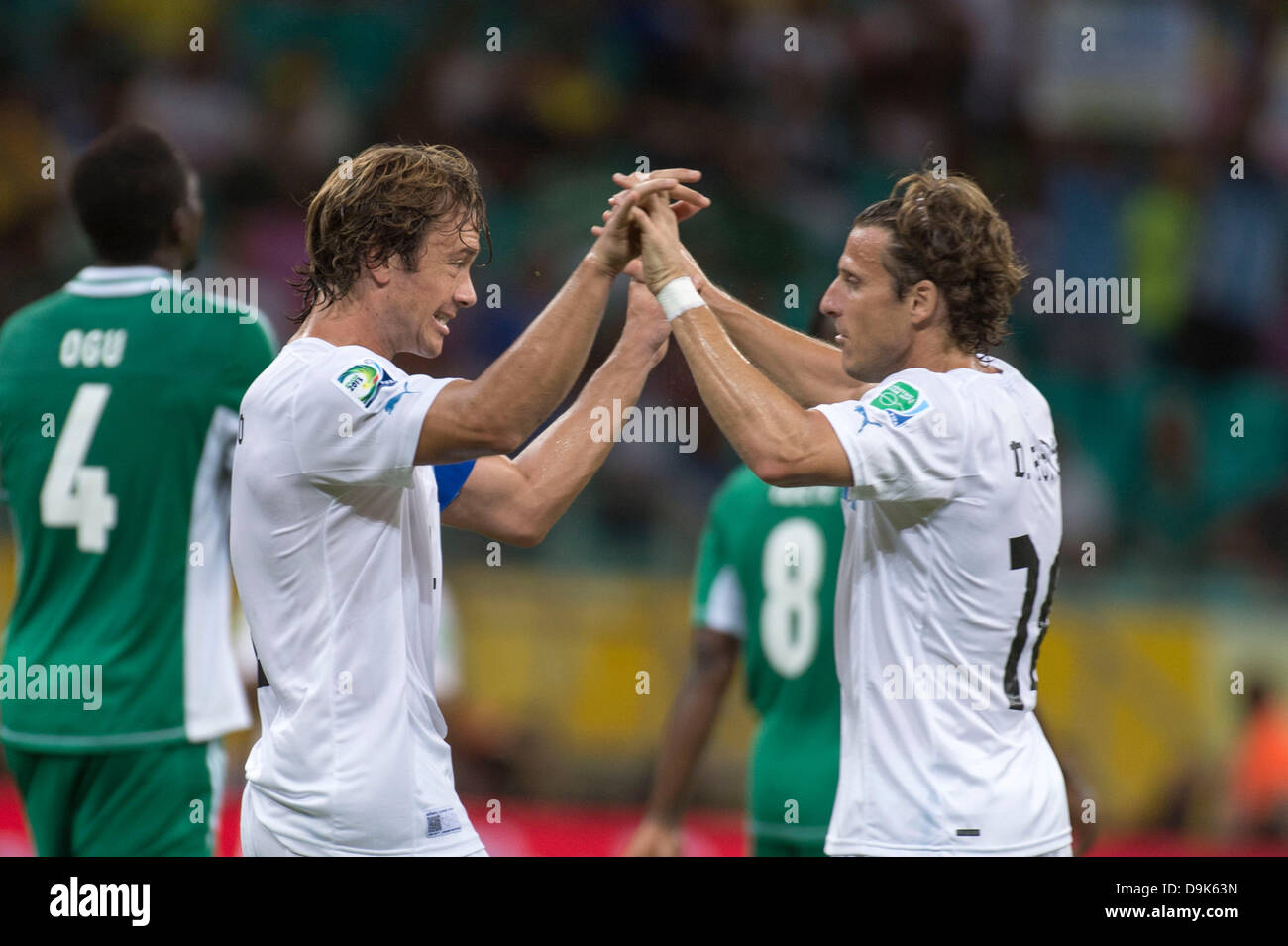 Salvator, Brazil. 20th June, 2013. (L-R) Diego Lugano, Diego Forlan (URU), JUNE 20, 2013 - Football / Soccer : Diego Lugano of Uruguay celebrates after scoring their 1st goal during the FIFA Confederations Cup Brazil 2013 Group B match between Nigeria 1-2 Uruguay at Arena Fonte Nova in Salvador, Brazil. (Photo by Maurizio Borsari/AFLO/Alamy Live News) Stock Photo