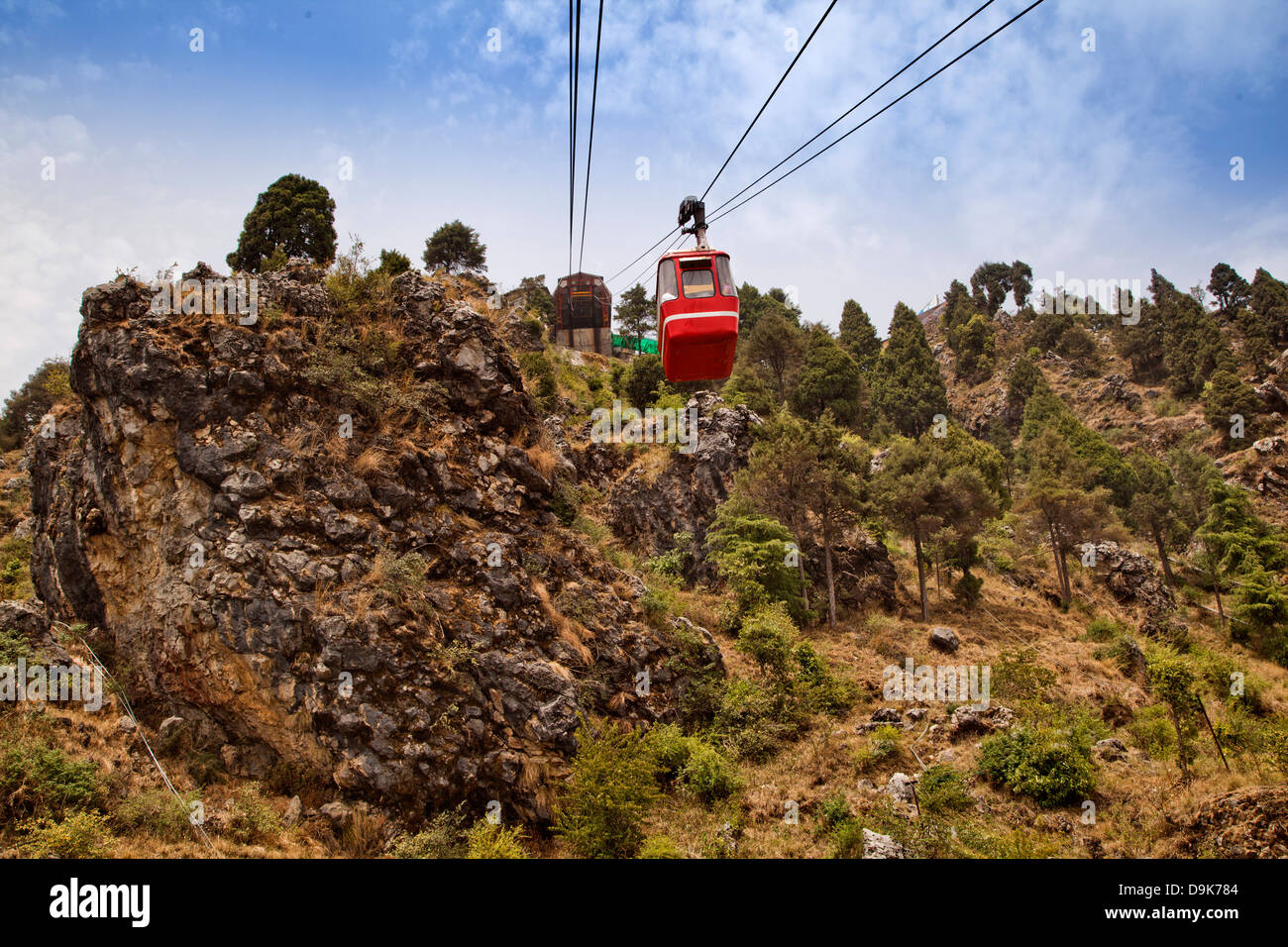 Overhead Cable Car passing through hills, Gun Hill, Mussoorie, Uttarakhand, India Stock Photo
