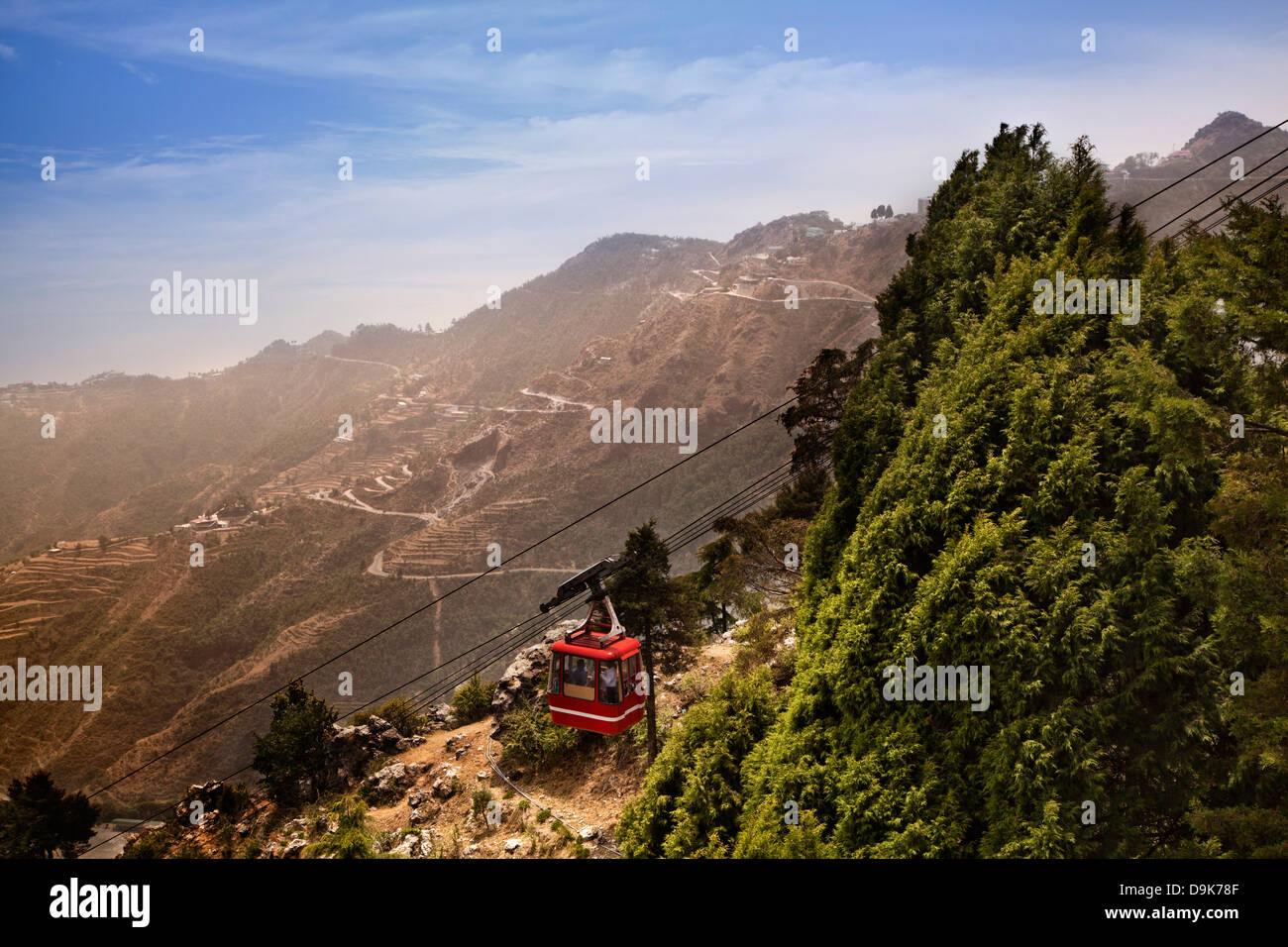 High Angle View of Overhead Cable Car passing through mountains, Gun Hill, Mussoorie, Uttarakhand, India Stock Photo