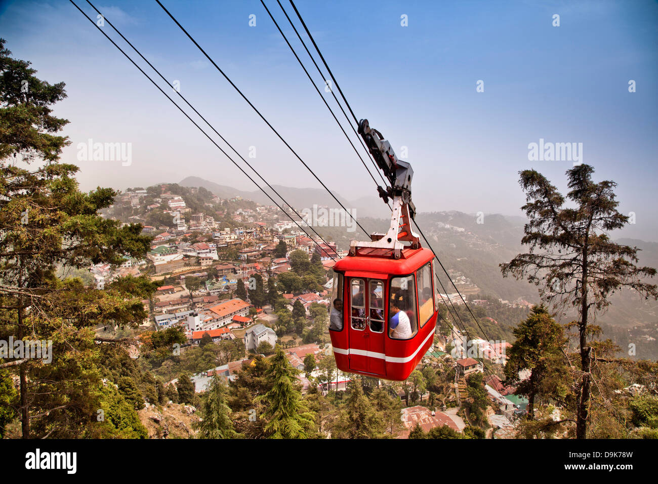 Overhead Cable Car in motion, Gun Hill, Mussoorie, Uttarakhand, India Stock Photo