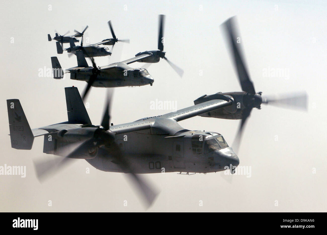 Marine Corps MV-22 Ospreys fly in formation September 6, 2012 over the Arabian Sea. Stock Photo