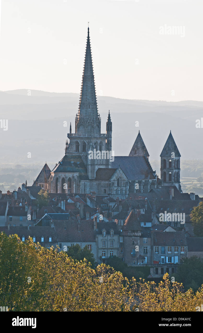 Saint Nazaire Cathedral Autun Burgundy France with gothic spire seen from Rue de Planoises in the evening Stock Photo