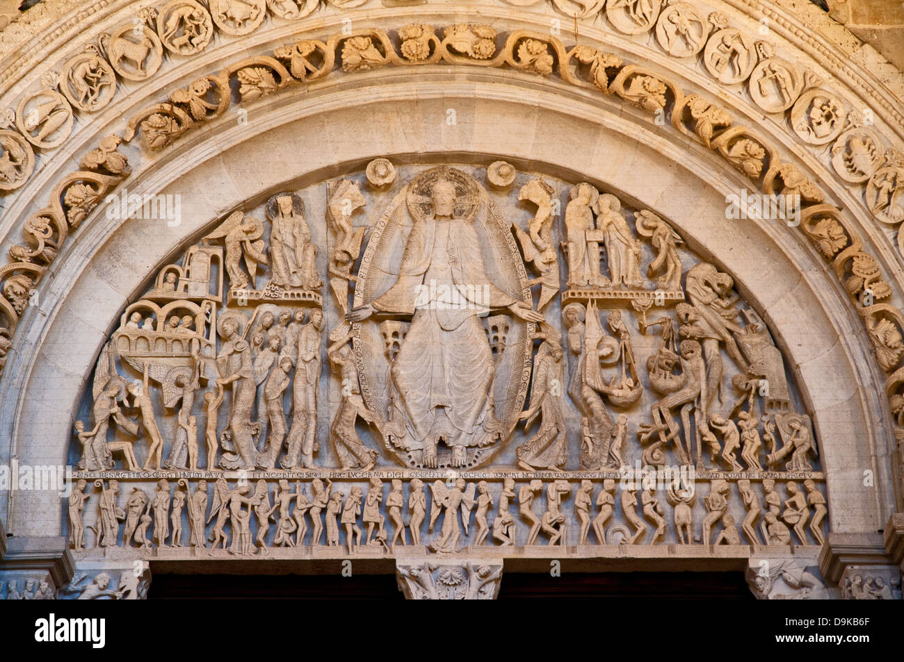 Last Judgement Tympanum by Gislebertus circa 1130 AD in west façade of Autun Cathedral France Burgundy in Romanesque style Stock Photo
