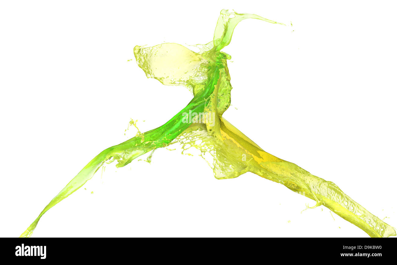 green and yellow liquid splashes collide - isolated on white background ...