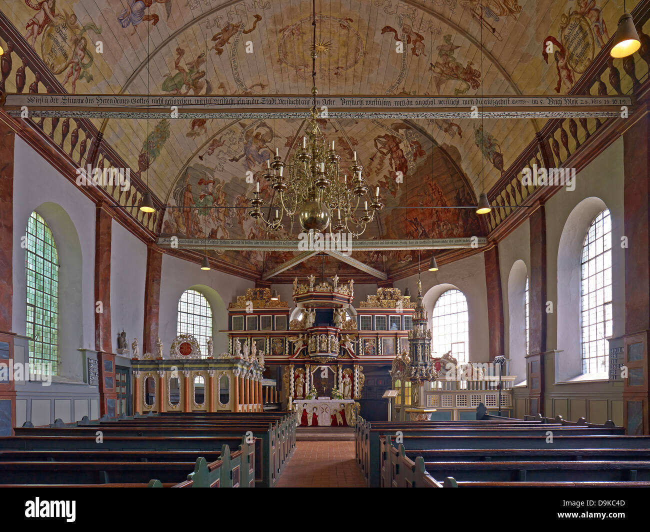 Interior with altar, St. Pankratius Church, Neuenfelde, Altes Land, Hamburg, Germany Stock Photo