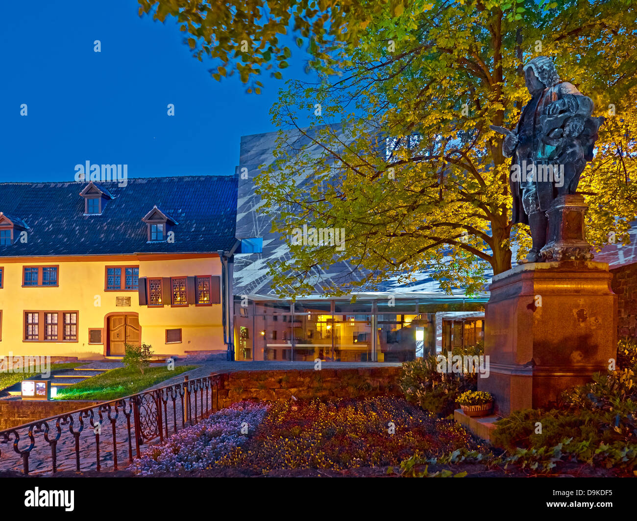 Bach House in Eisenach with light installation and Bach Monument, Thuringia, Germany Stock Photo