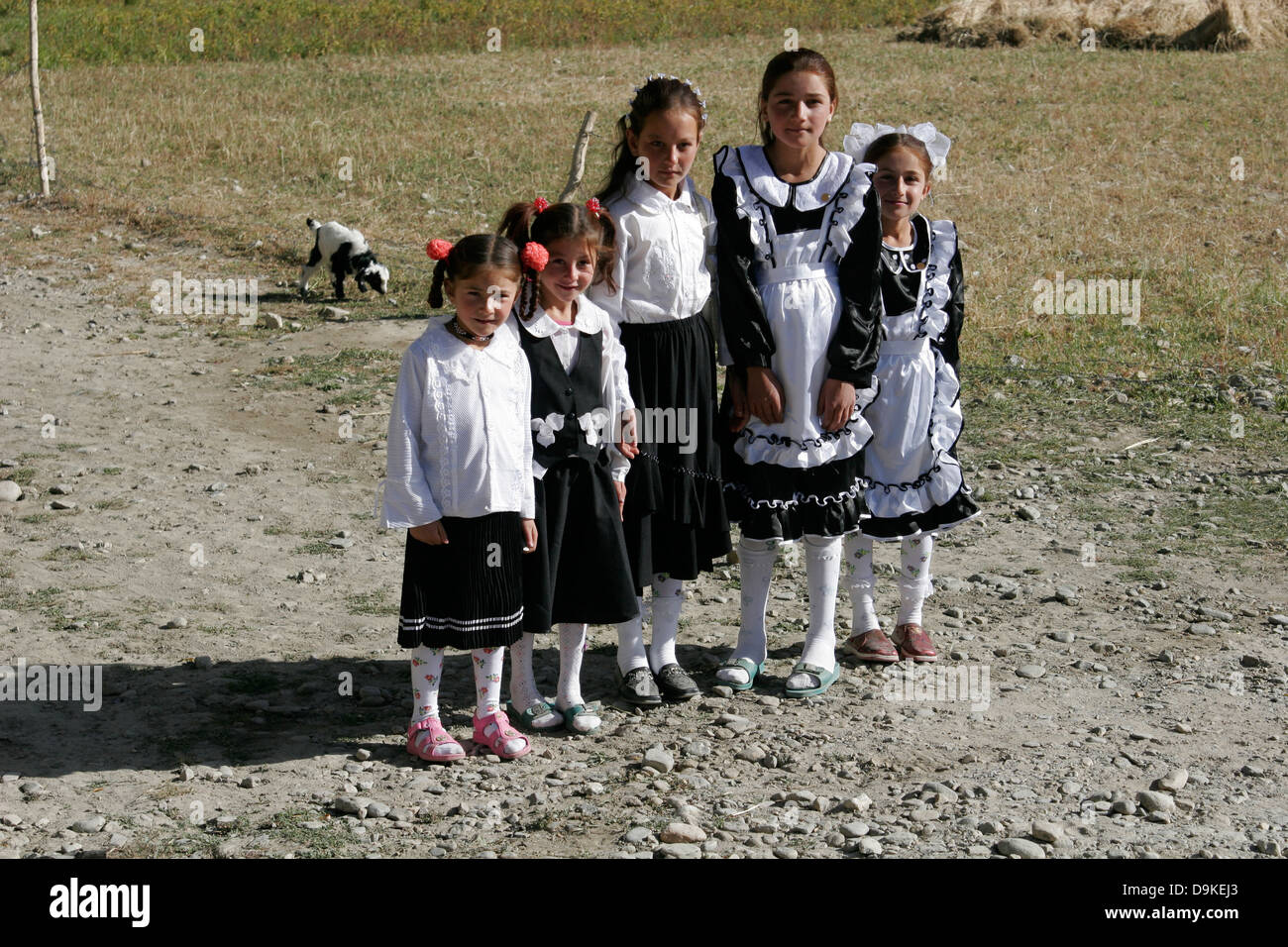 Tajik school girls, Wakhan Valley, Tajikistan, Central Asia Stock Photo