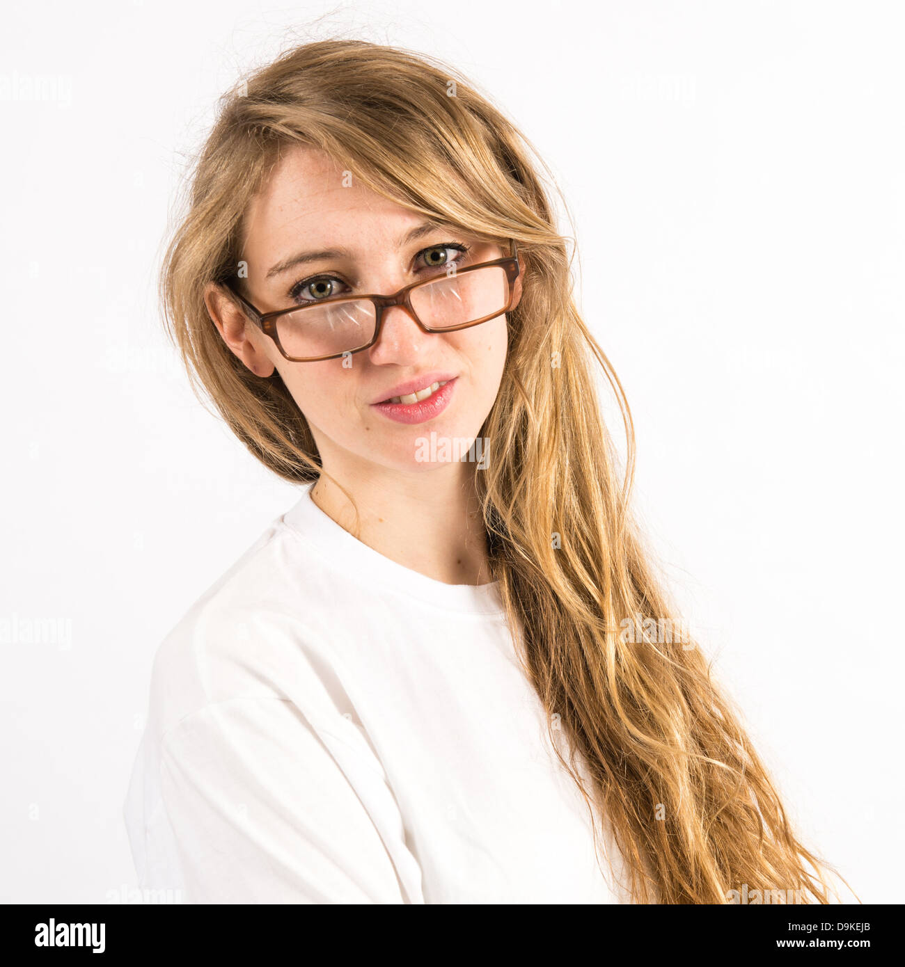 A young woman with long blonde hair wearing glasses spectacles Stock ...