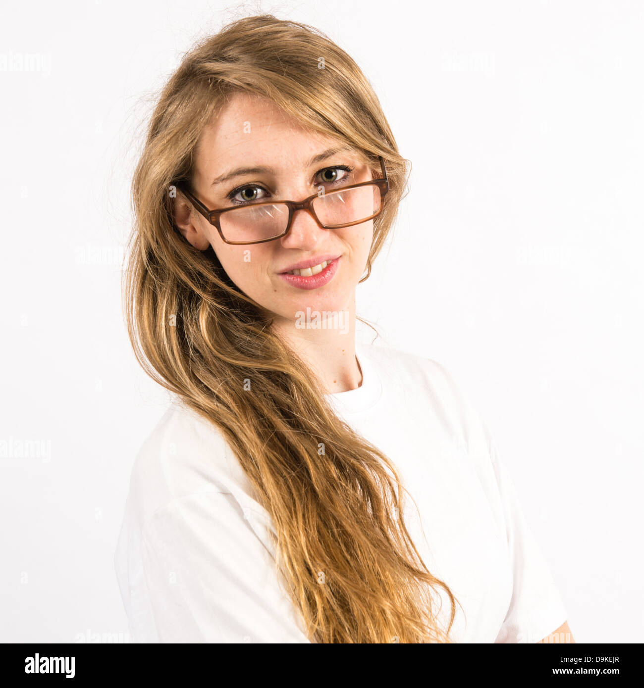 A young woman with long blonde hair wearing glasses spectacles Stock ...