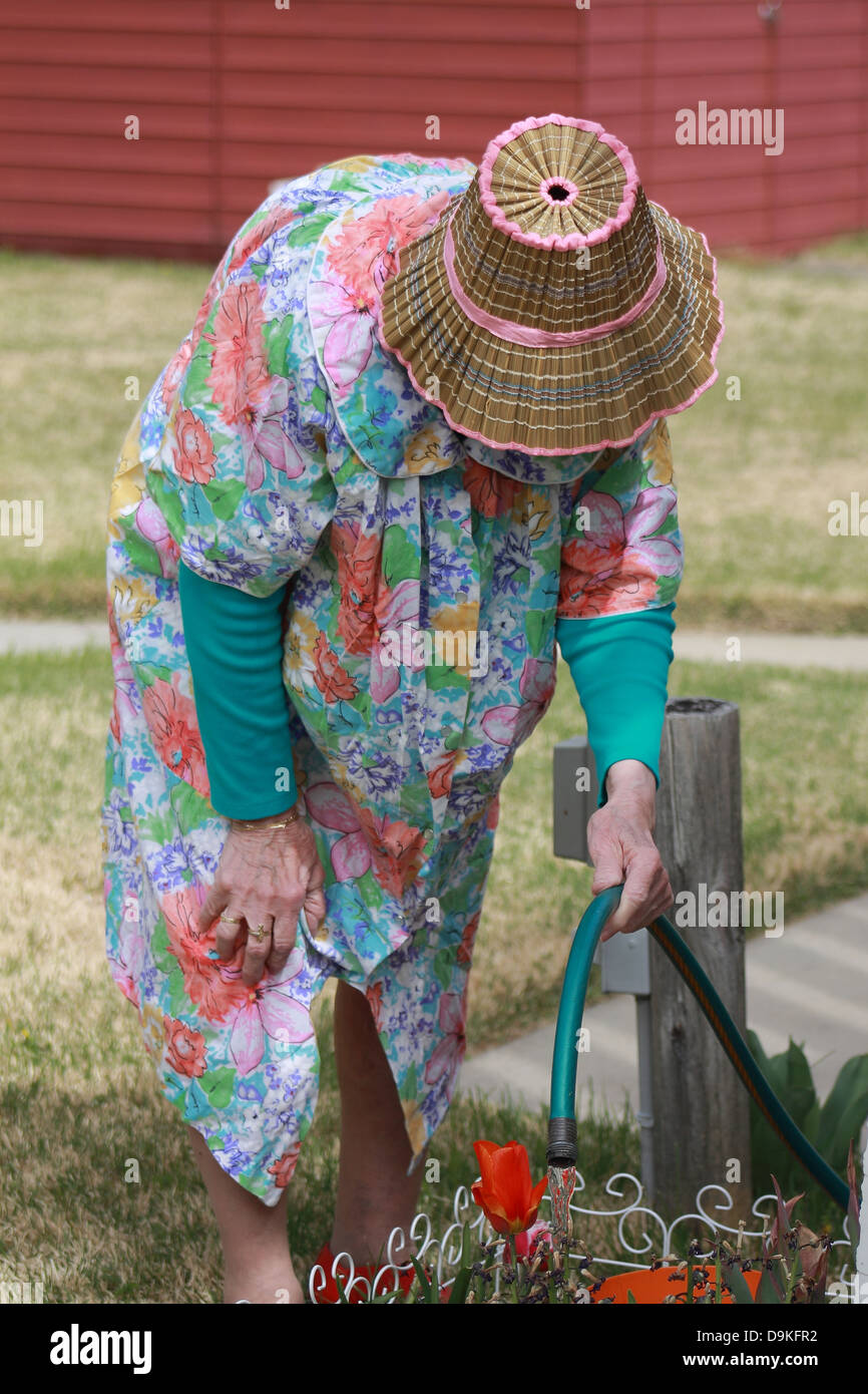 Older woman watering flowers in a garden Stock Photo - Alamy