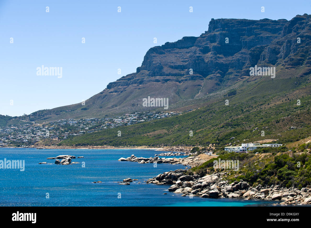 Coastline south of Camps Bay with Twelve Apostel Mountains and Hotel, Cape Town South Africa Stock Photo