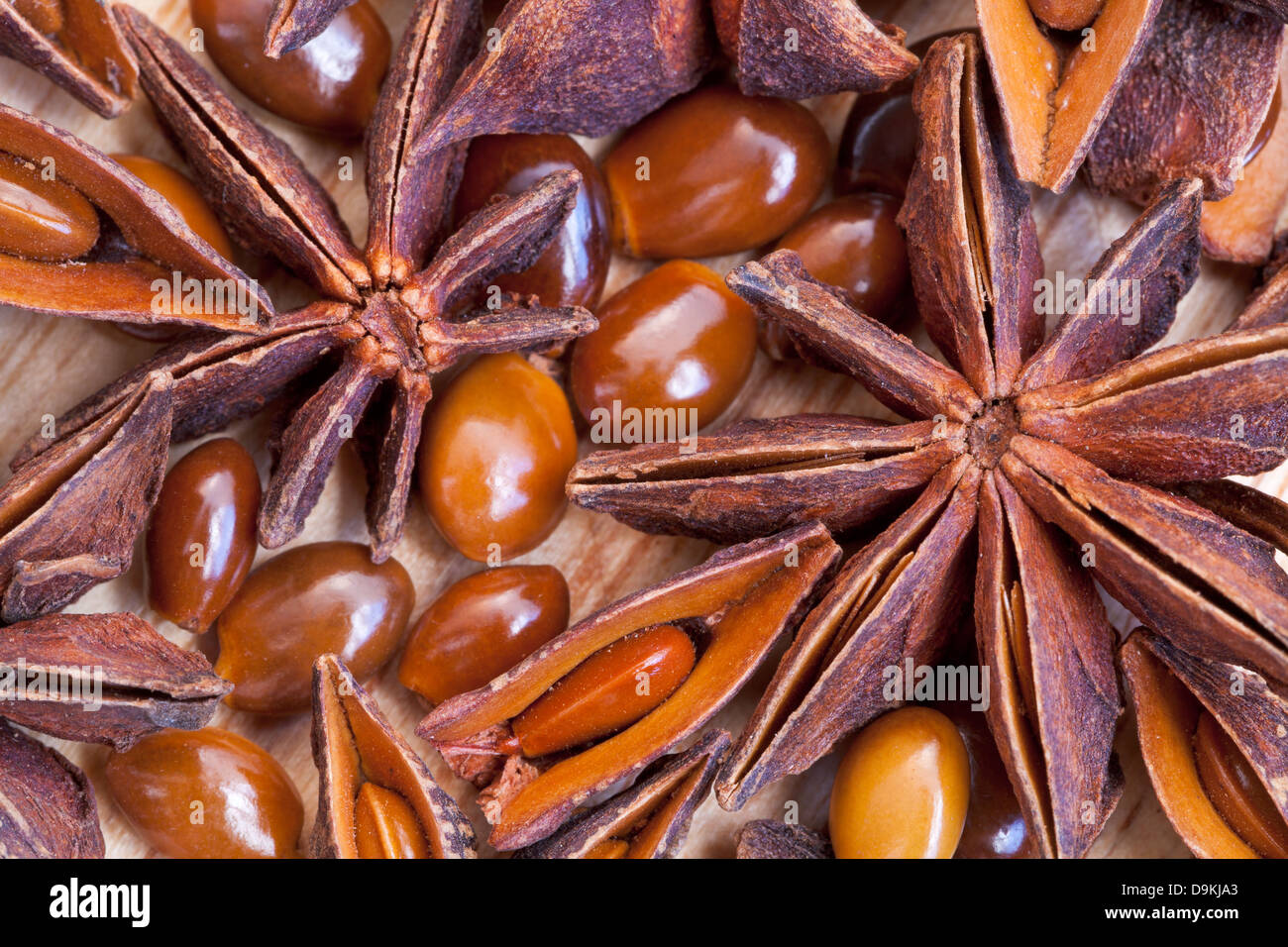 macro view of illicium star seeds on wooden table Stock Photo