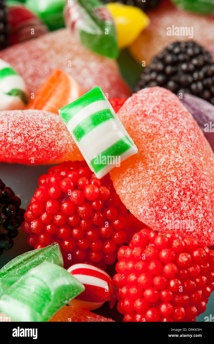 Colorful Sweet Hard Candy Mints against a bright background Stock Photo
