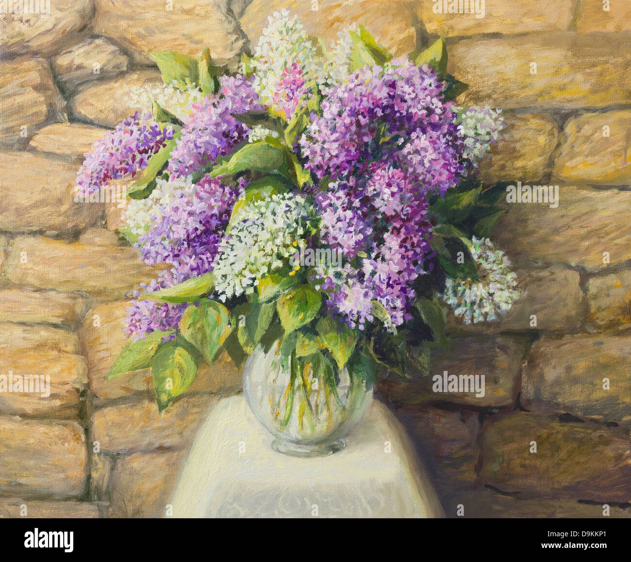 An oil painting on canvas of a beautiful still life with blooming lilacs in a nice glass vase over a stone tiled background. Stock Photo