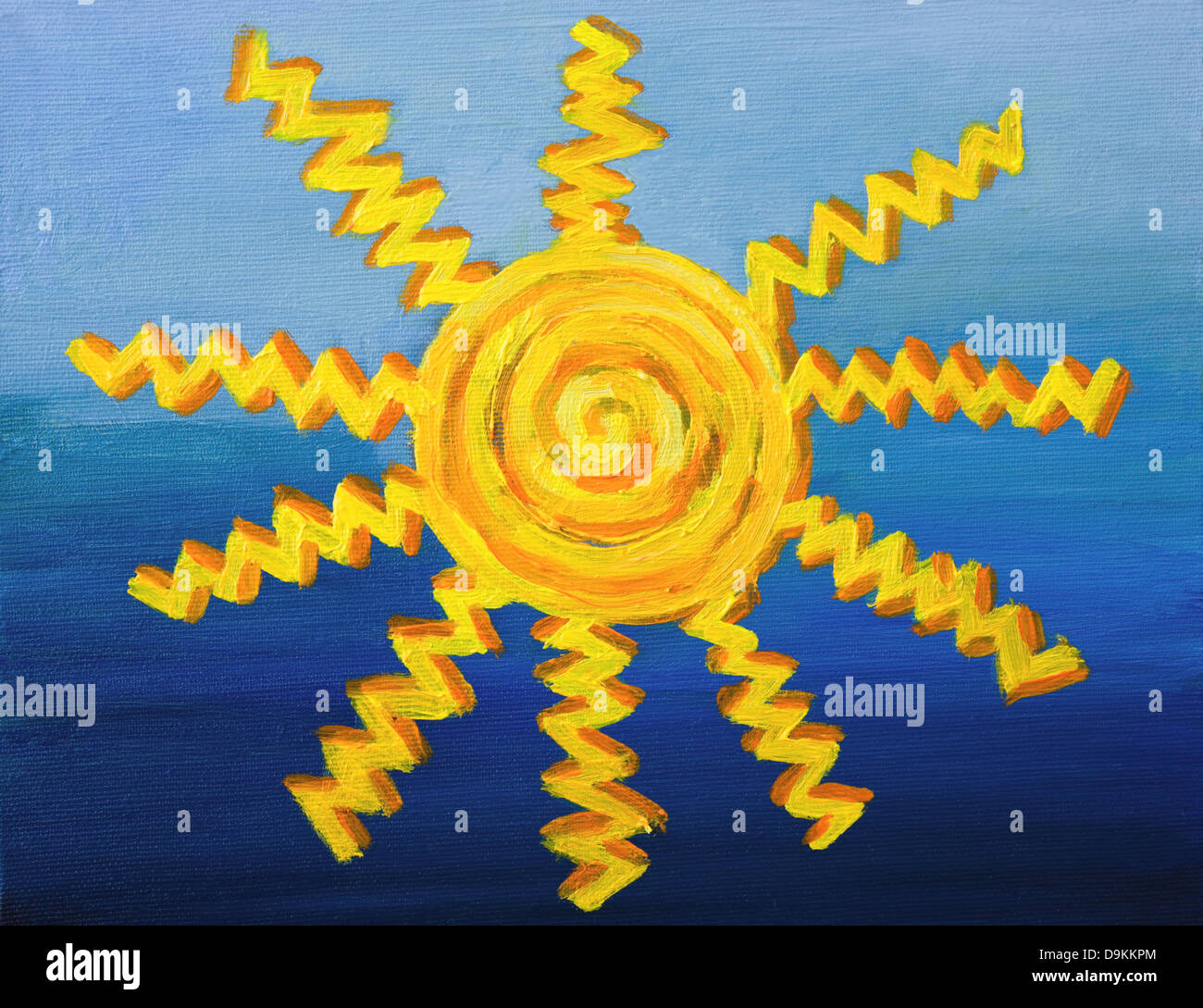 An oil painting on canvas of a bright yellow decorative sun with zig zag sunbeams over a tinted blue background. Stock Photo