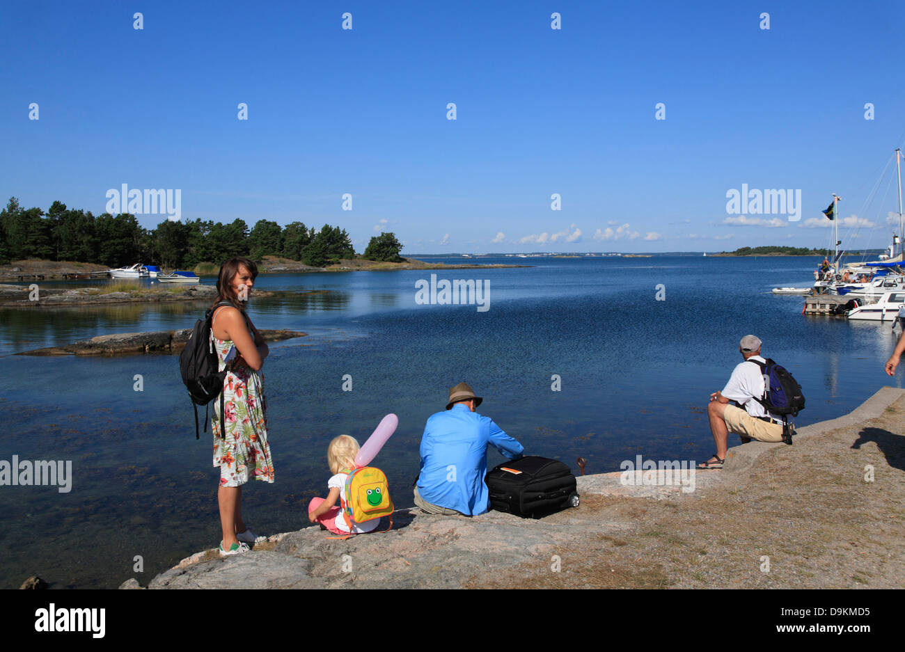 Nattaroe Island,  tourists at little harbor, Stockholm Archipelago, baltic sea coast, Sweden, Scandinavia Stock Photo