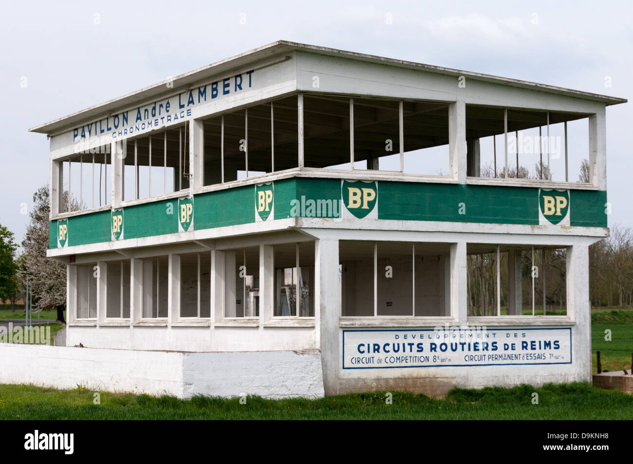 The remains of the old lap timing building of the Reims-Gueux Racing Circuit in northern France. Stock Photo