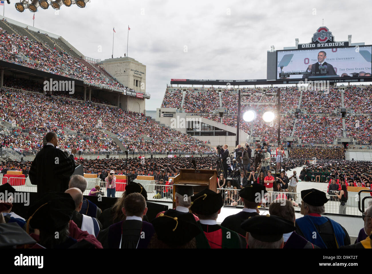 US President Barack Obama delivers the address during The Ohio State University commencement at Ohio Stadium May 5, 2013 in Columbus, Ohio. Stock Photo