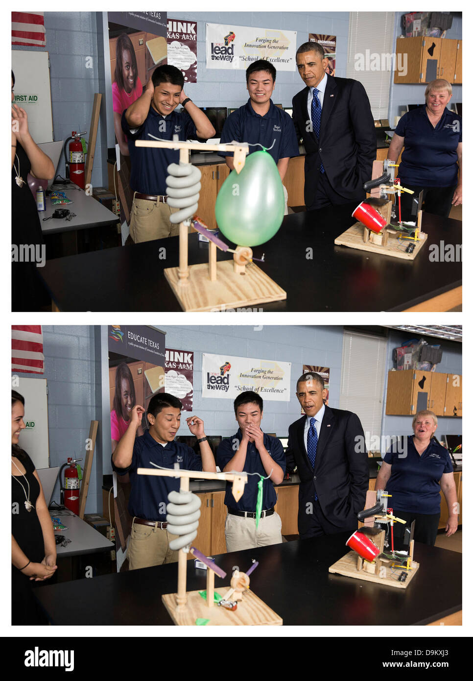 US President Barack Obama watches a demonstration by Oscar Perez and Bobford Do as he tours a classroom at Manor New Technology High School May 9, 2013 in Manor, Texas. Stock Photo
