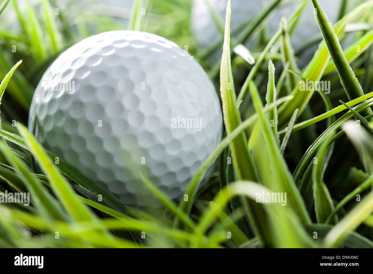 Pure White Golfball on bright green grass Stock Photo