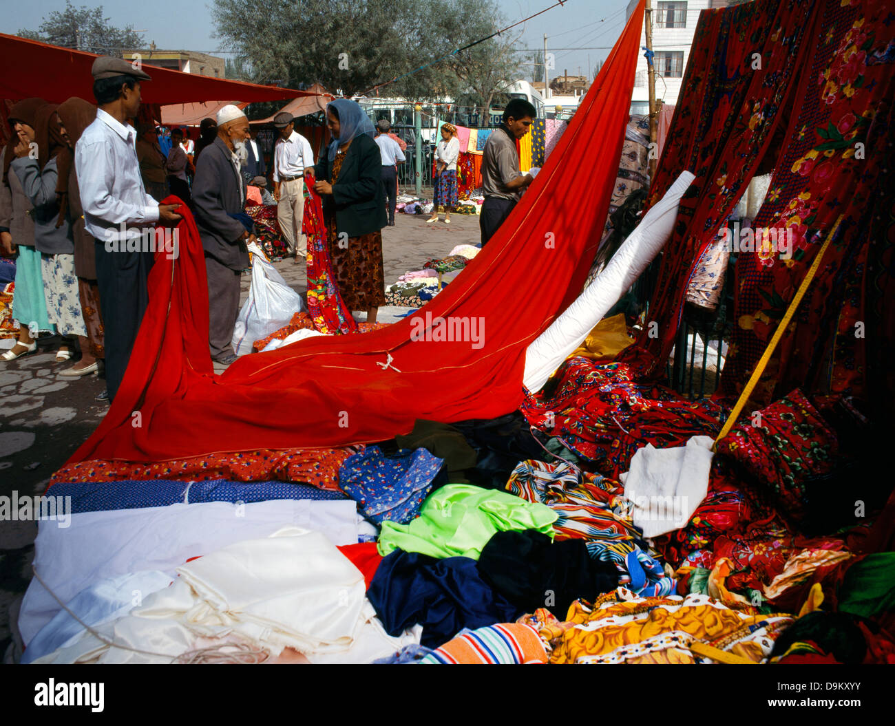 Xinjiang China Kashgar Sunday Market Fabrics Silk Route Stock Photo