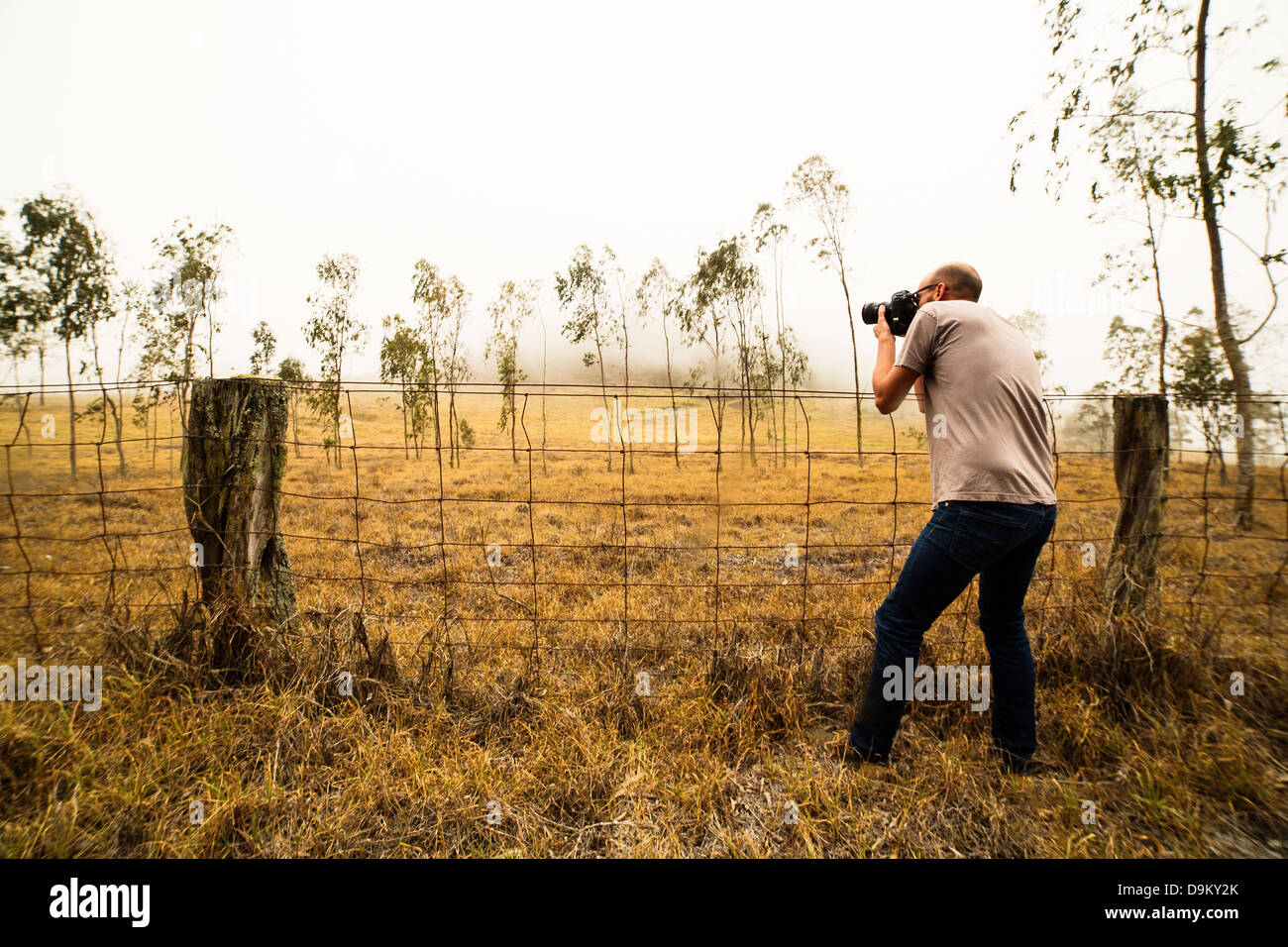 Mid adult man photographing field of saplings Stock Photo