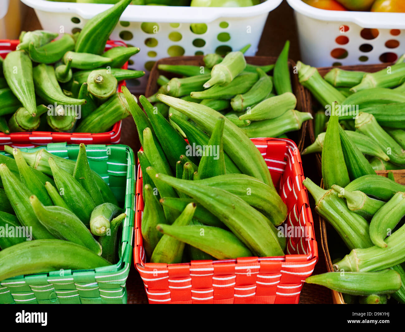 Freshly picked okra for sale at a farmers market in Bluffton, South Carolina Stock Photo