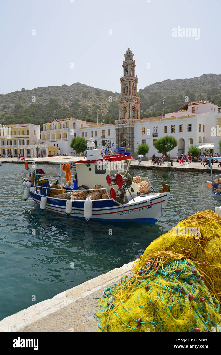 Fishing port at The Monastery of St Michael at Panormitis, Symi (Simi), Rhodes (Rodos) Region, Dodecanese, South Aegean, Greece Stock Photo