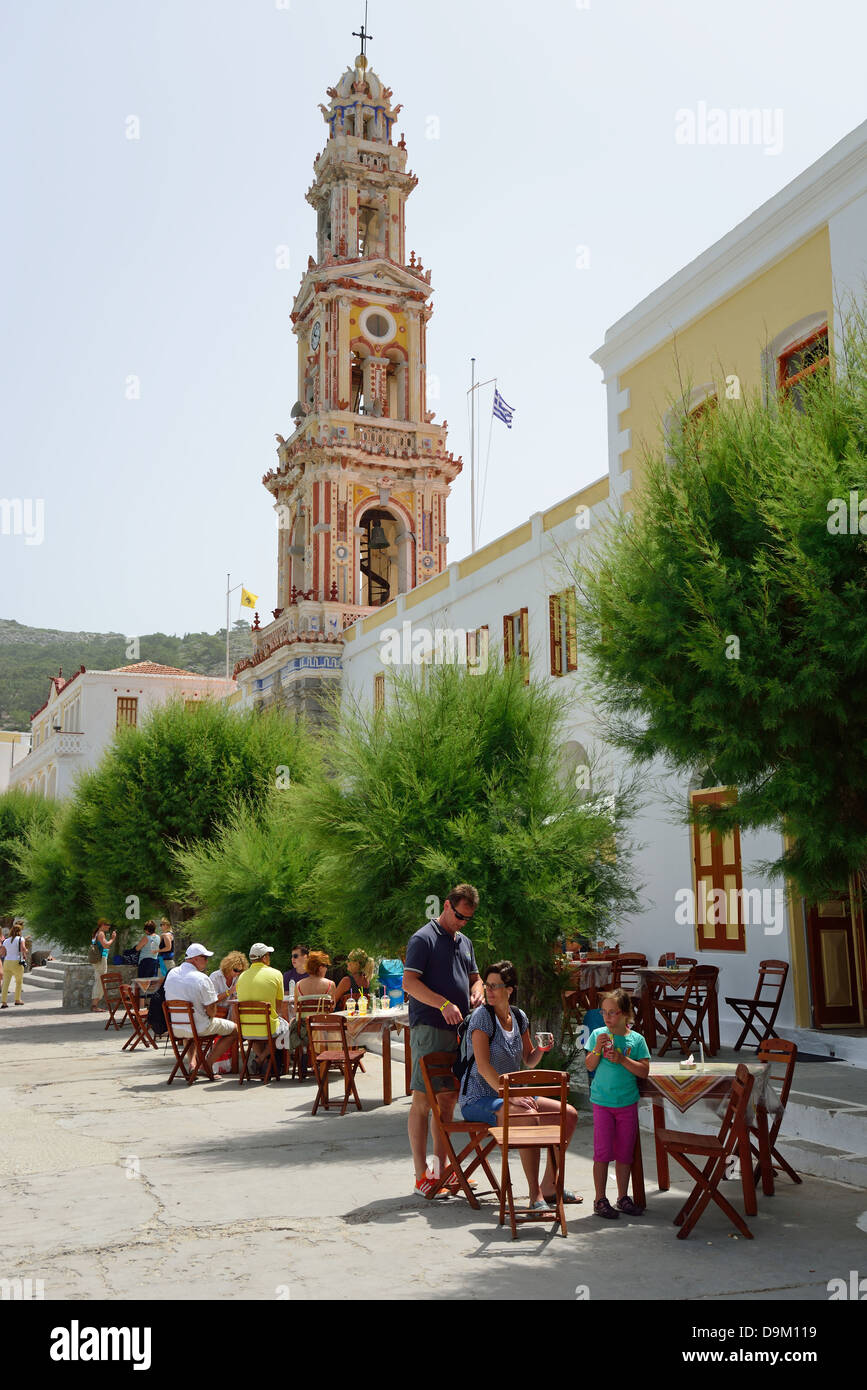 Taverna outside The Monastery of St Michael at Panormitis, Symi (Simi), Rhodes (Rodos) Region, Dodecanese, South Aegean, Greece Stock Photo