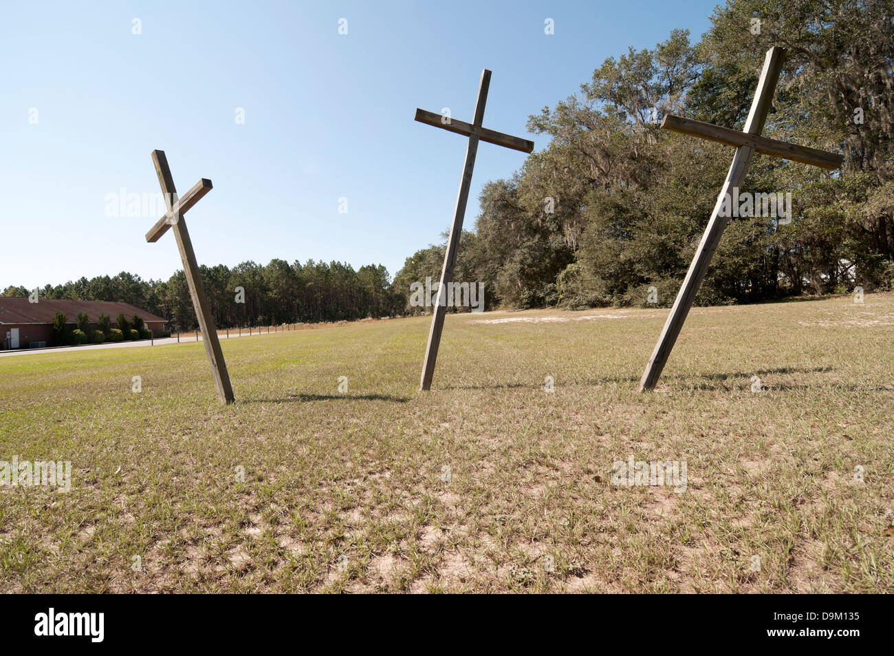 Three crosses of Calvary at a Baptist Church in North Florida Stock