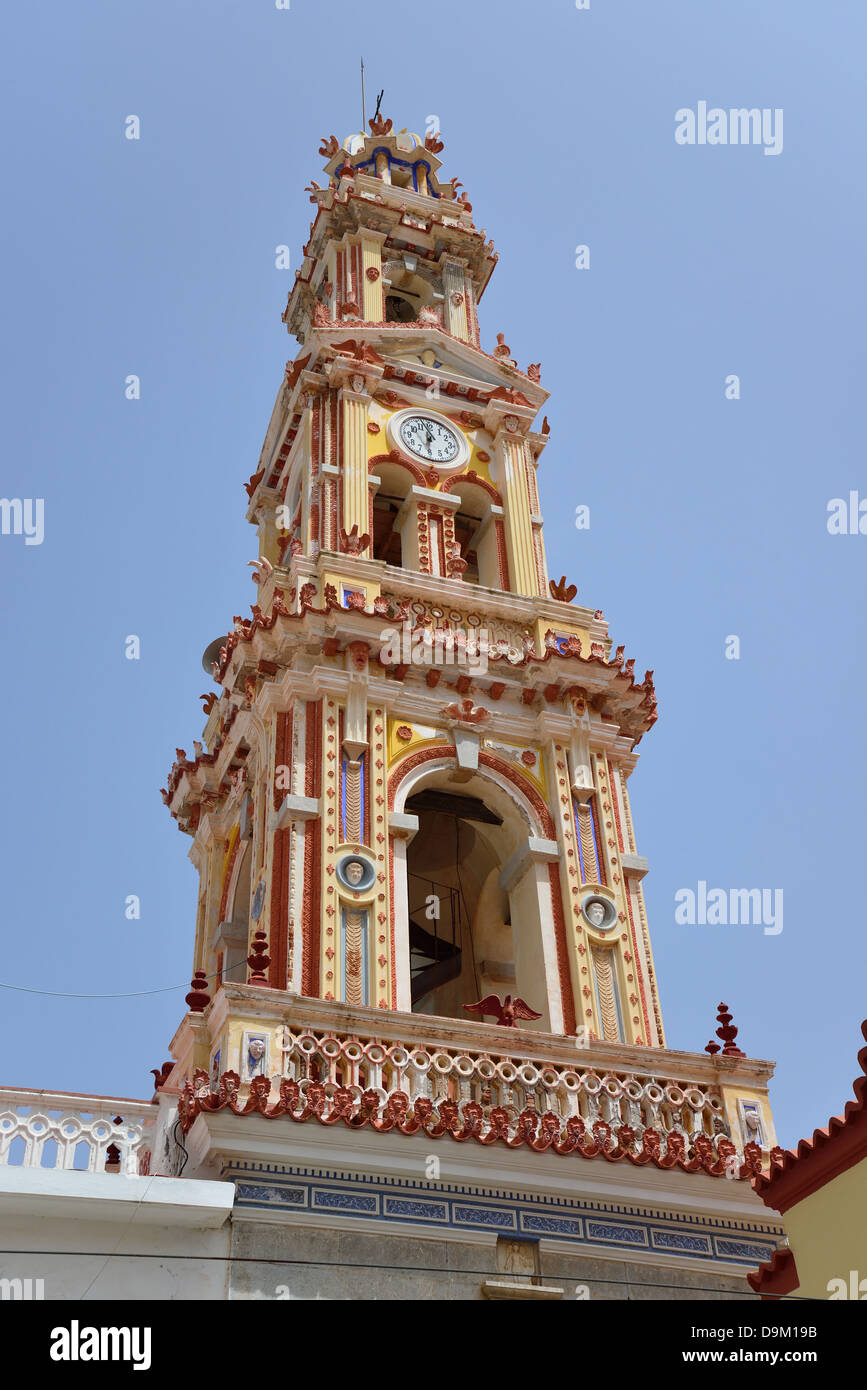 Bell tower of The Monastery of St Michael at Panormitis, Symi (Simi), Rhodes (Rodos) Region, Dodecanese, South Aegean, Greece Stock Photo