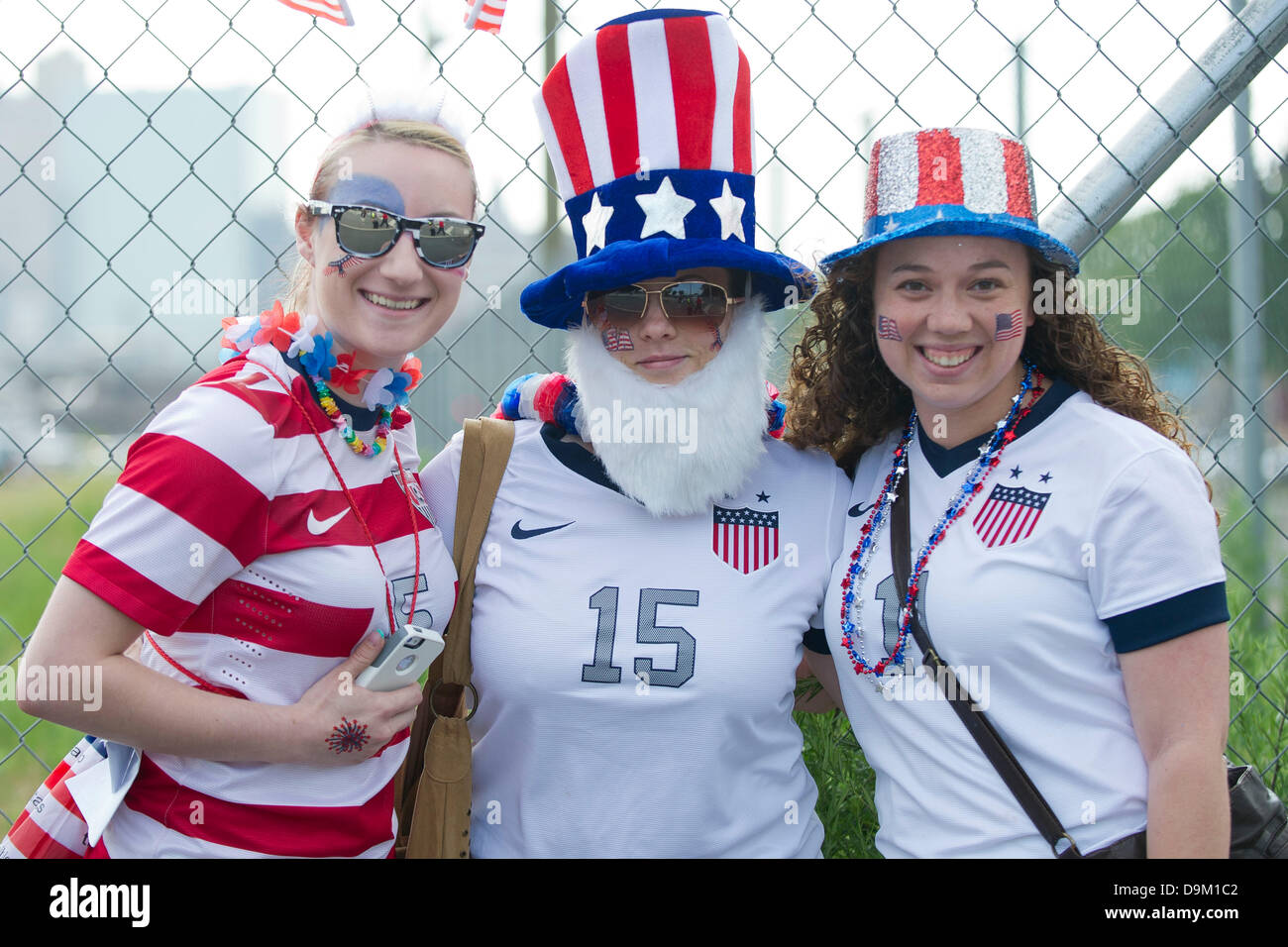 Harrison, N.J, USA 20th June, 2013. June 20, 2013: Fans dressed in red white and blue get ready for the match between the U.S. Women vs. Korean Republic- International Friendly at Red Bull Arena - Harrison, N.J. The US Women's National Team defeated The Korea Republic 5-0. Credit: csm/Alamy Live News Stock Photo