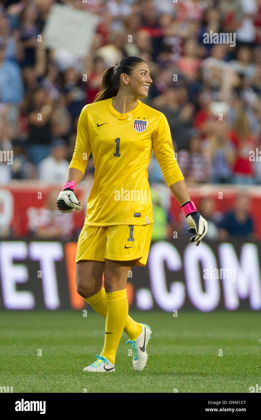 Harrison, N.J, USA 20th June, 2013. June 20, 2013: US Women's National Team goalkeeper Hope Solo (1) looks over her shoulder and smiles during the U.S. Women vs. Korean Republic- International Friendly at Red Bull Arena - Harrison, N.J. The US Women's National Team defeated The Korea Republic 5-0. Credit: csm/Alamy Live News Stock Photo