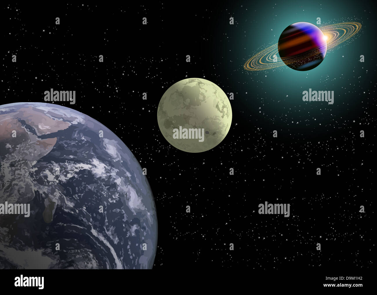 Earth, moon and Saturn in dark space with a new sun coming to them Stock  Photo - Alamy
