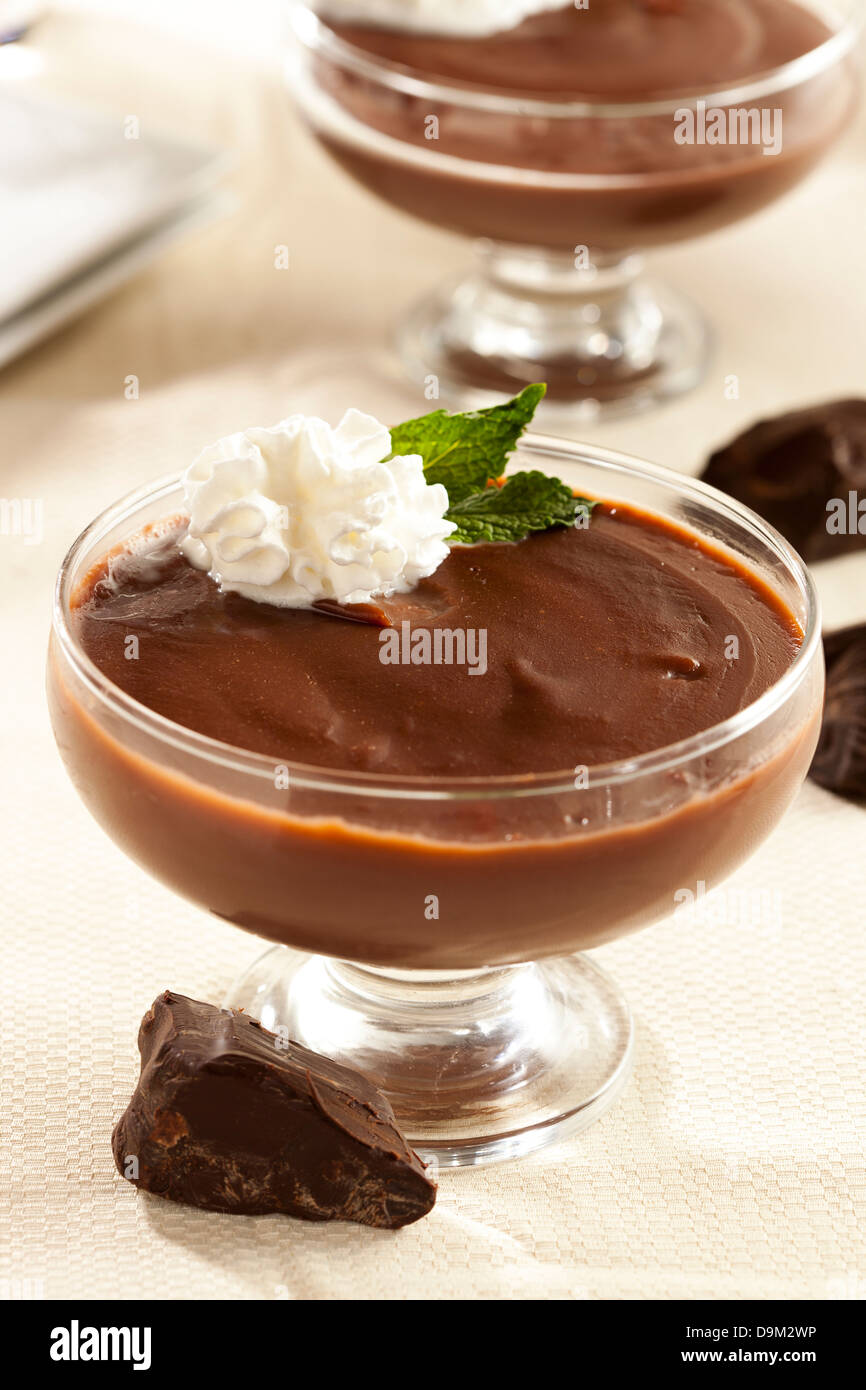 Hot Homemade Chocolate Pudding with whipped cream Stock Photo
