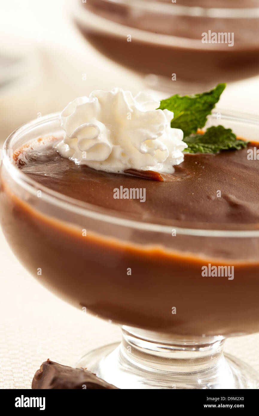 Hot Homemade Chocolate Pudding with whipped cream Stock Photo