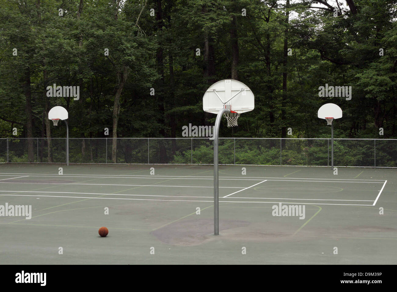 outdoor basketball court three baskets woods forest trees ball Stock