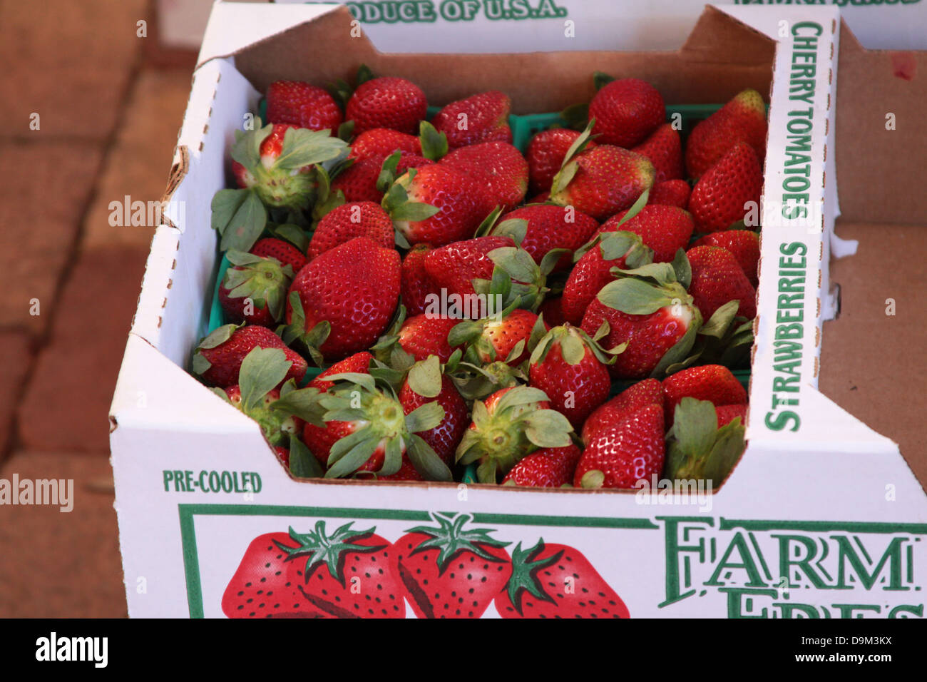 Box of strawberries on sale at a farmers market in Winter Garden