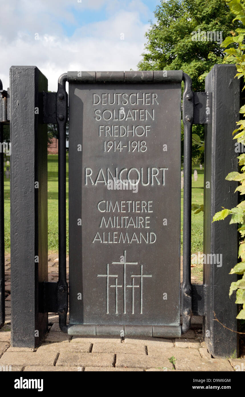 Entrance gate in the German Cemetery at Rancourt, Somme, Picardie, France. Stock Photo