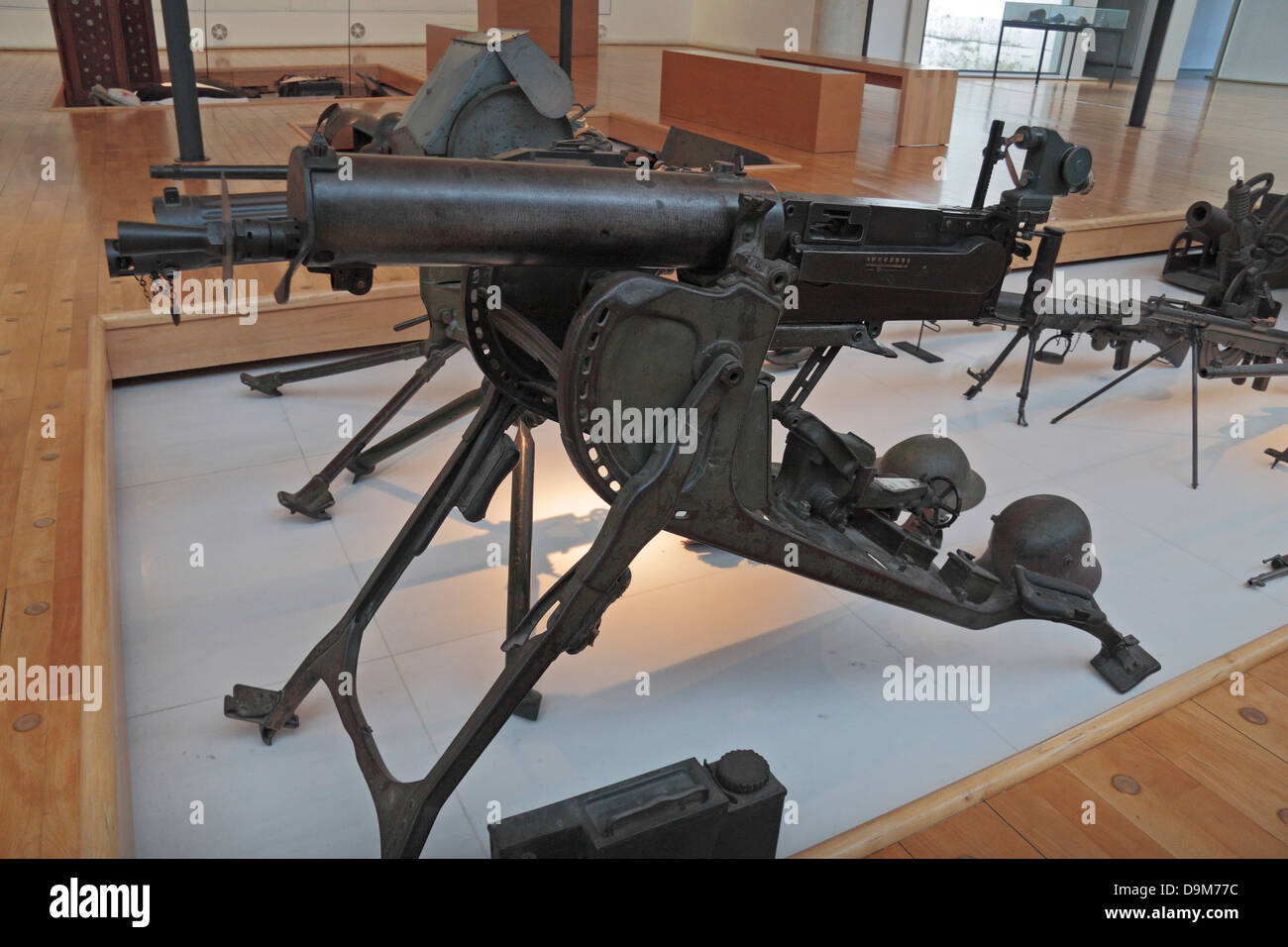German Maxime machine gun on a sled support on display at the Historical de la Grande Guerre Museum, Peronne, Somme, France. Stock Photo