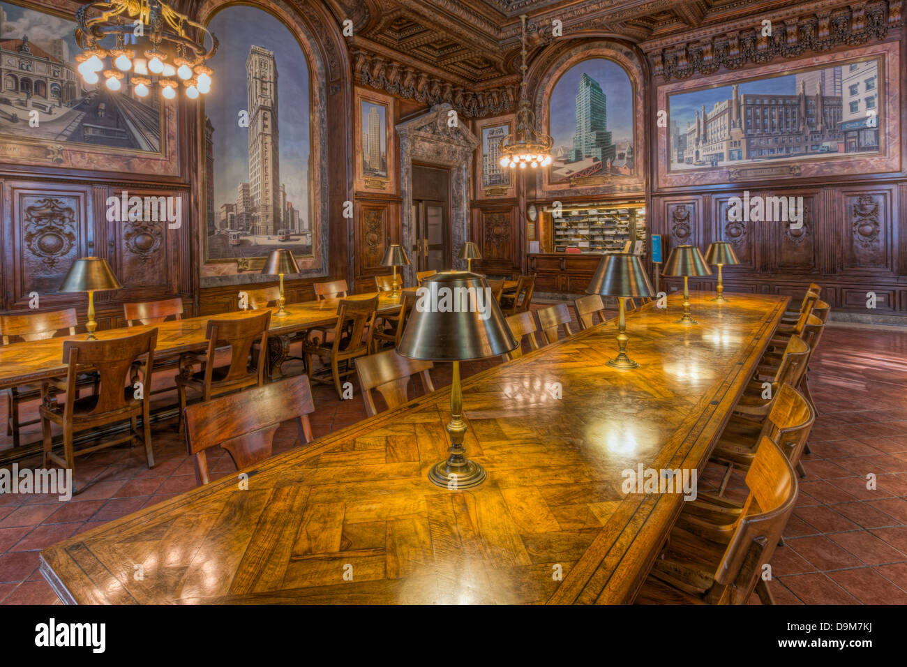 Wood paneling and murals decorate the New York Public Library's DeWitt Wallace Periodicals Room. Stock Photo